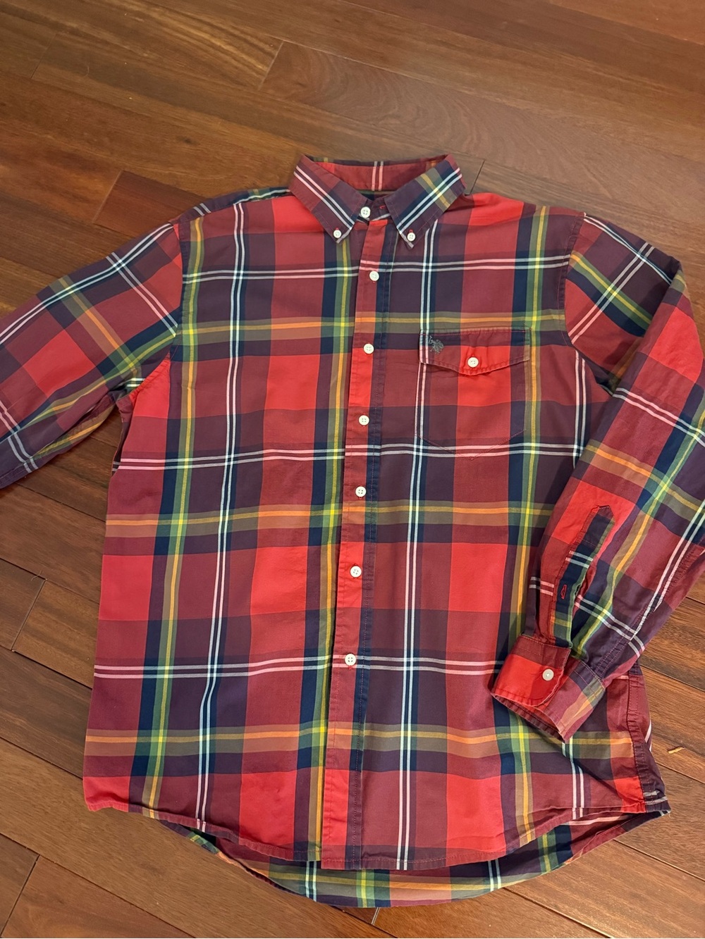 US Polo Assn Mens Shirt SZ L Red Tartan Plaid Button Down Cotton Business